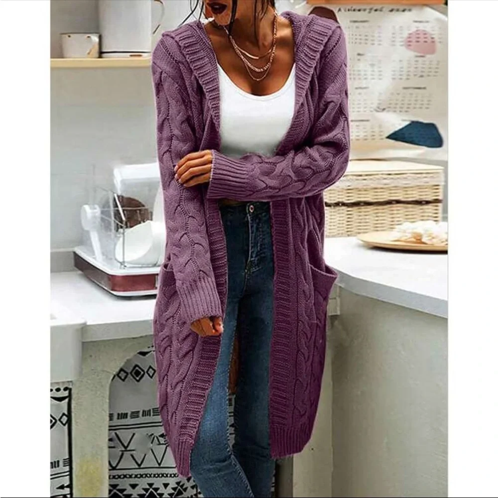 Luxe Cable Knit Long Sleeve Sweater Cardigan Open Front Pocket Hooded Hood - Picture 5 of 16